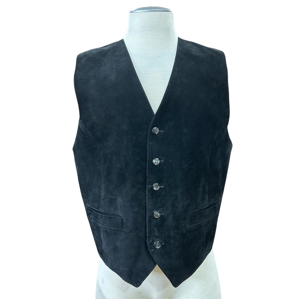 John Ashford Sport Mens Suede Leather Vest Size M Black Button Front Cinch Back